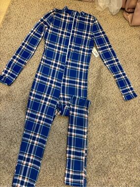 Blue Plaid Zip-Front Jumpsuit